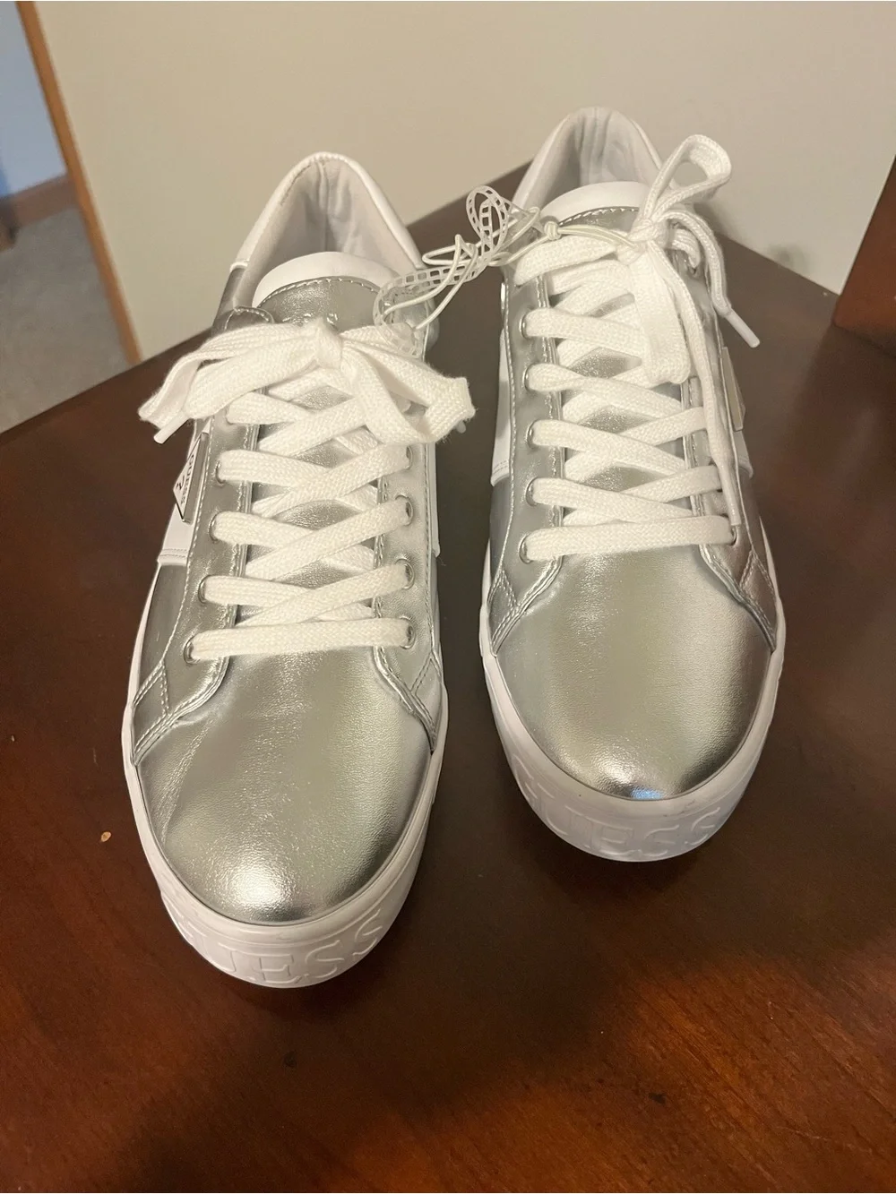 GUESS Silver and White Metallic Low-Top Sneakers
